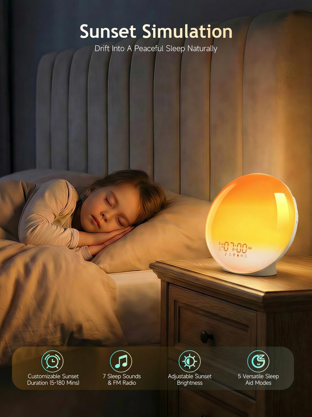 Despertador Luz Wake Up Light con Simulación de Amanecer y Atardecer, App Control, 4 Alarmas, Radio FM, 12 Colores
