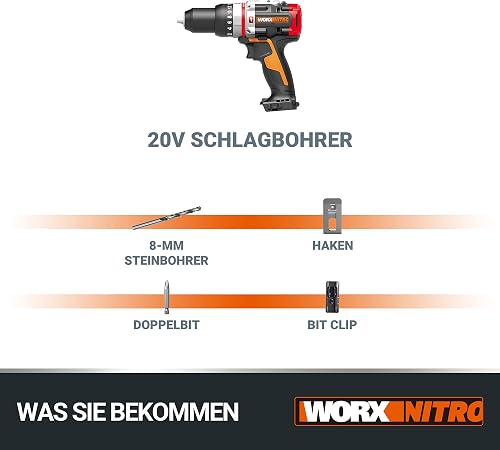 WORX Nitro WX354.9 Akku-Schlagbohrhammer 20V - bürstenloser Motor - 18 Drehmomenteinstellung + Bohren & Hammerbohren - 2-stufige Drehzahlsteuerun - 10mm in Stahlbeton - ohne Akkus & Ladegerät - 9