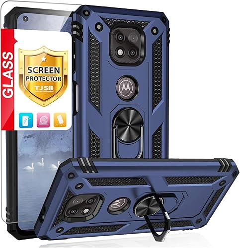 TJS Funda compatible con Motorola Moto G Power 2021, con protector de pantalla de vidrio templado, anillo de metal con soporte magnético, funda