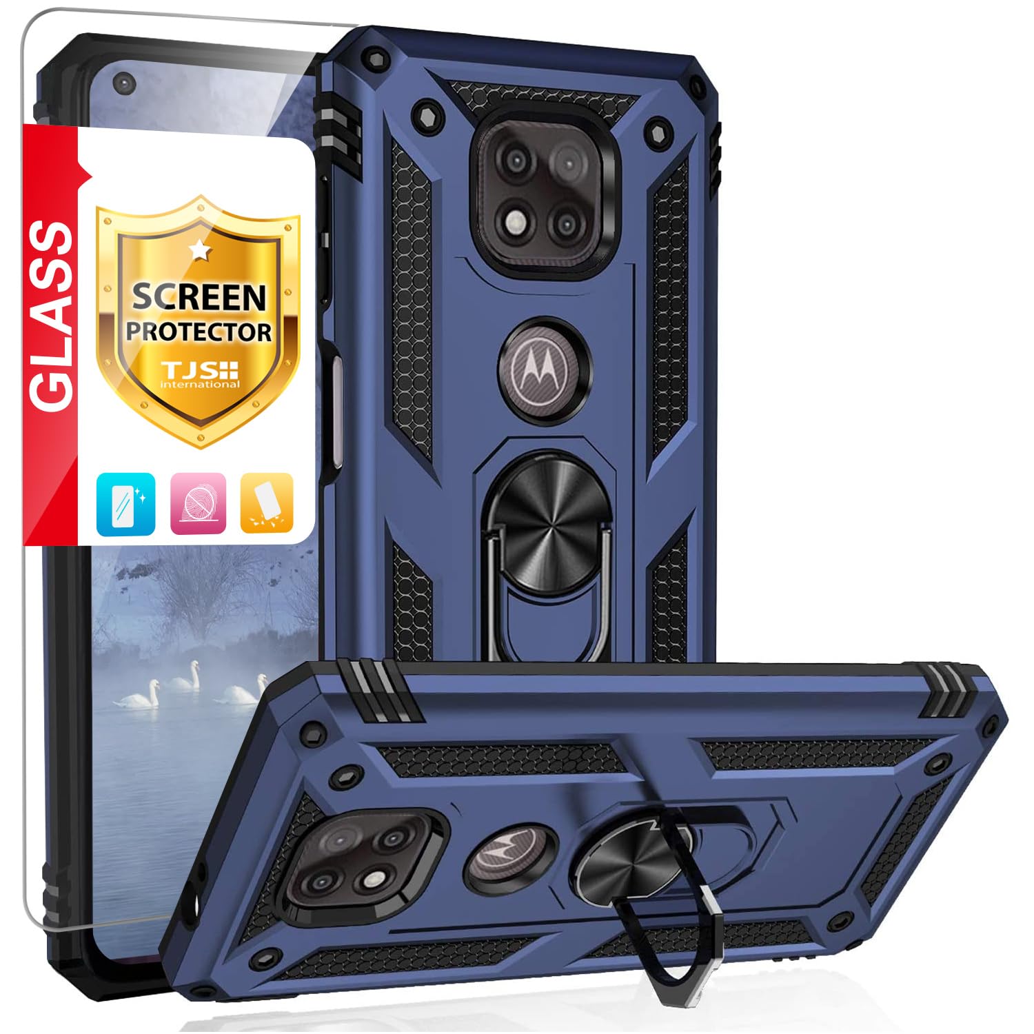 TJS Compatible with Motorola Moto G Power 2021 Case, with Tempered Glass Screen Protector, Metal Ring Kickstand Magnetic Support Drop Protective Cover