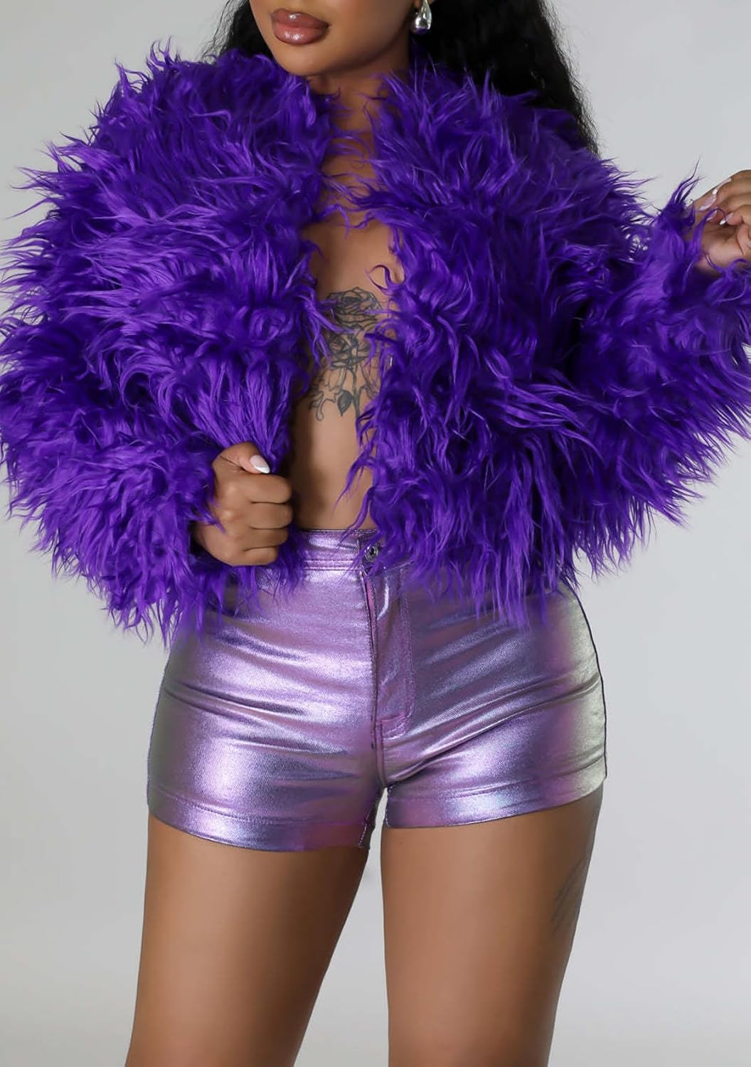 CXINS Women's Open Front Faux Fur Crop Coat Fleece Fluffy Cardigan Crop Jacket 2026 Winter