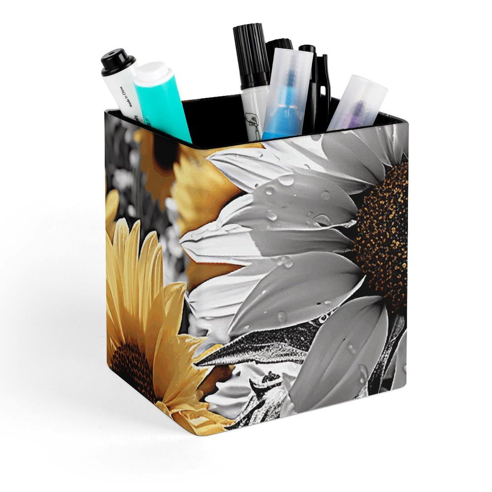FekiLoot Black And White Sunflowers Pencil Holder Square Leather Pen Holder Cup Modern Multi-Functional Pencil Cup Holder Decorative Desk Organizer Caddy Makeup Brush Holders for Desk Office