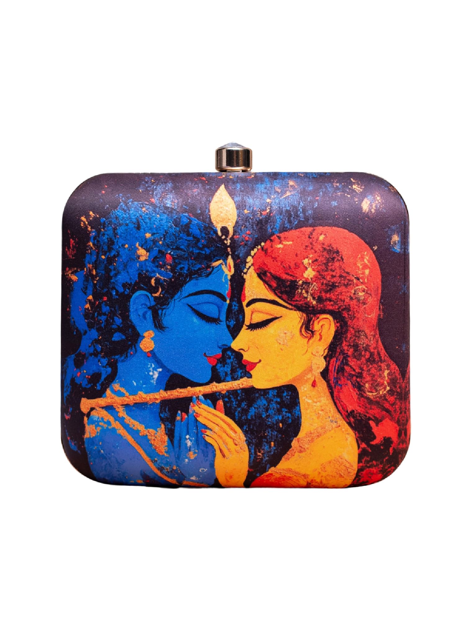 Lord Krishan Art Printed Clutch Sling Bag for Women - Detachable Golden Chain Strap - Artsy Box Shape - Handcrafted Handbag-image-11