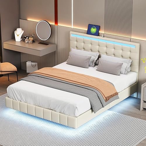 Miniatura 4 de CNANXU Elegante marco de cama flotante de tamaño Queen con cabecera LED ambiental y puertos USB integrados, base de colchón tapizada contemporánea