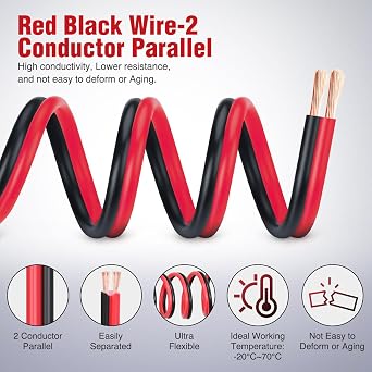 Nilight 100FT 18AWG Copper Clad Aluminum Wire 18/2 Gauge Red Black