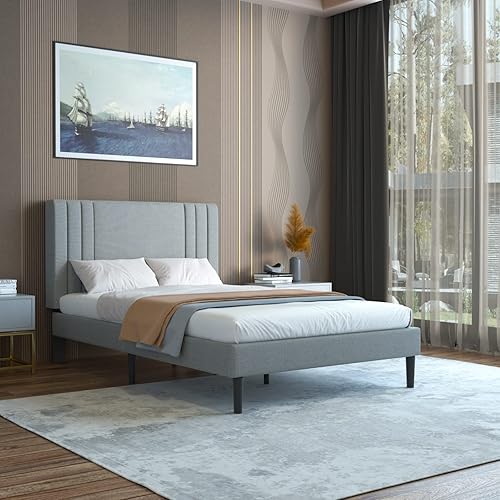 Lijimei Base de cama tamaño individual con cabecera tapizada, plataforma en tela de lino, base de colchón con soporte de listones de madera, fácil