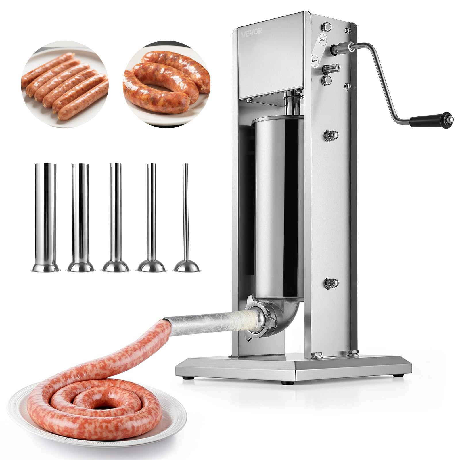 VEVOR Poussoir à Saucisses Manuel 5 L, Machine à Saucisses Verticale en Acier Inoxydable, Ensacheuse à Double Vitesse, avec 5 Tubes de Remplissage, pour Cuisine, Domicile, Restaurant