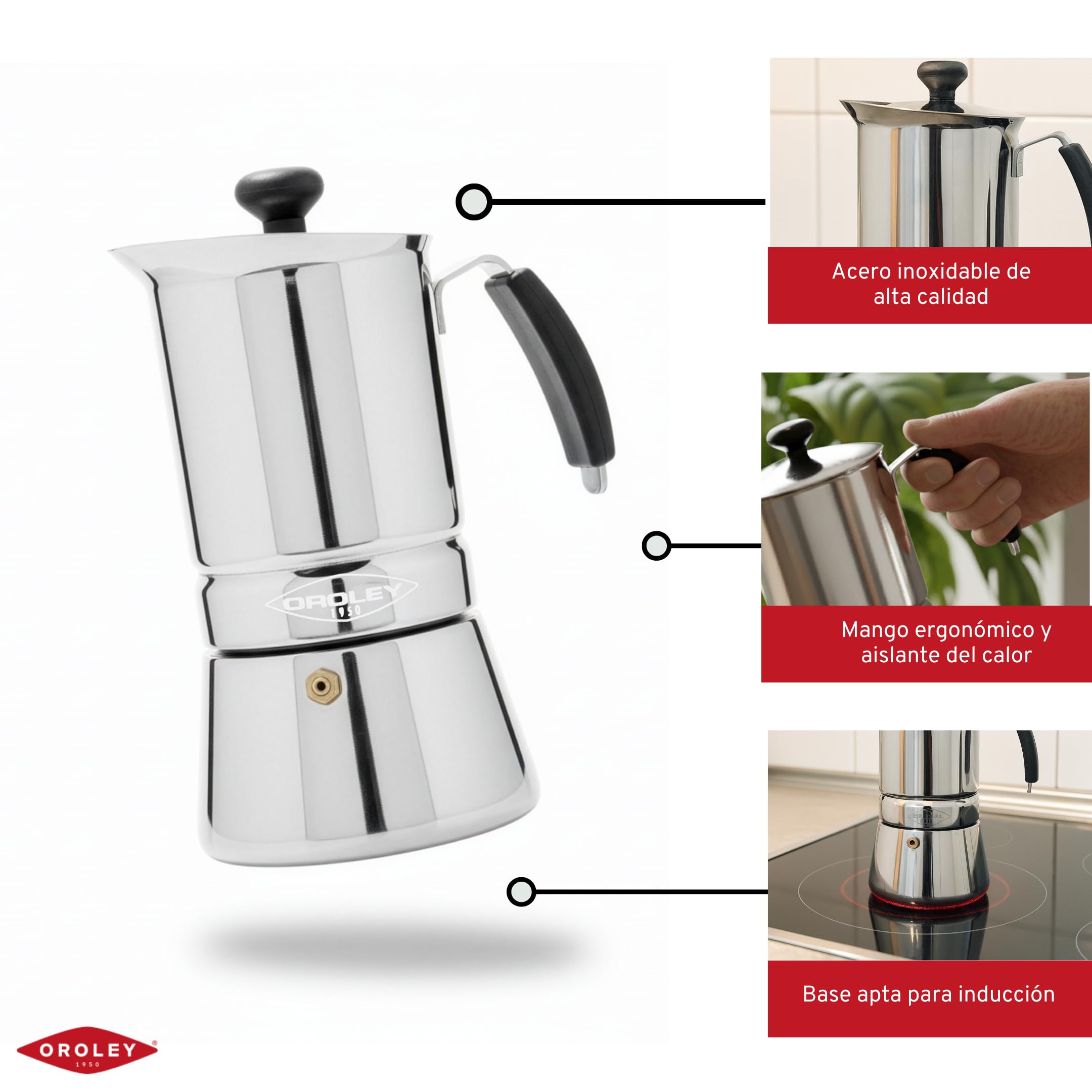 Oroley - Cafetera Italiana Arges | Acero Inoxidable | 2-4 - 6-9 Tazas | Cafetera Inducción, Vitrocerámica, Fuego y Gas | Estilo Tradicional (9 Tazas)