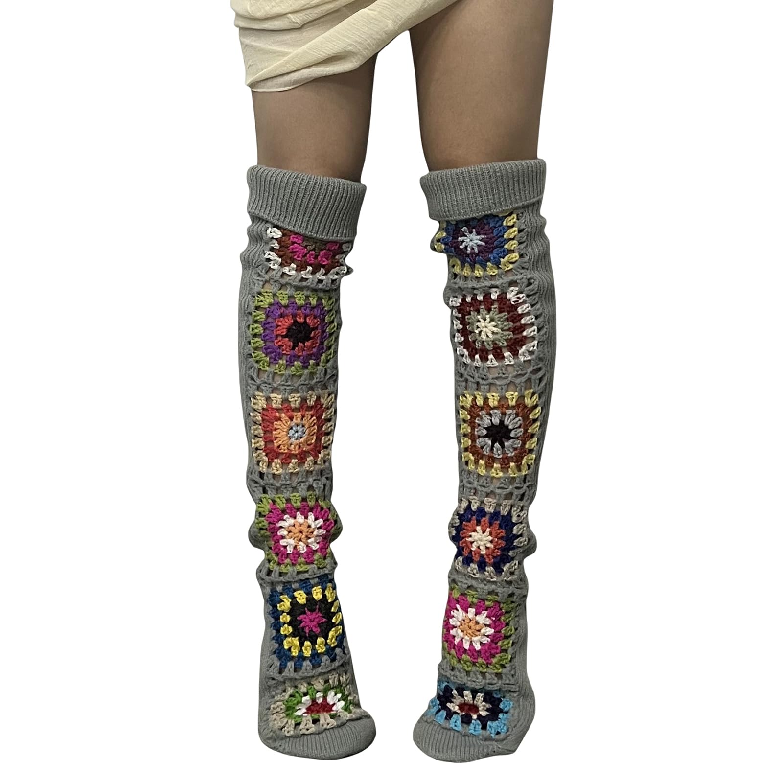 FEORJGP Womens Granny Square Over Knee High Socks Crochet Knitted Stockings Tube Long Leg Warmers Cable Thigh High Boot Socks