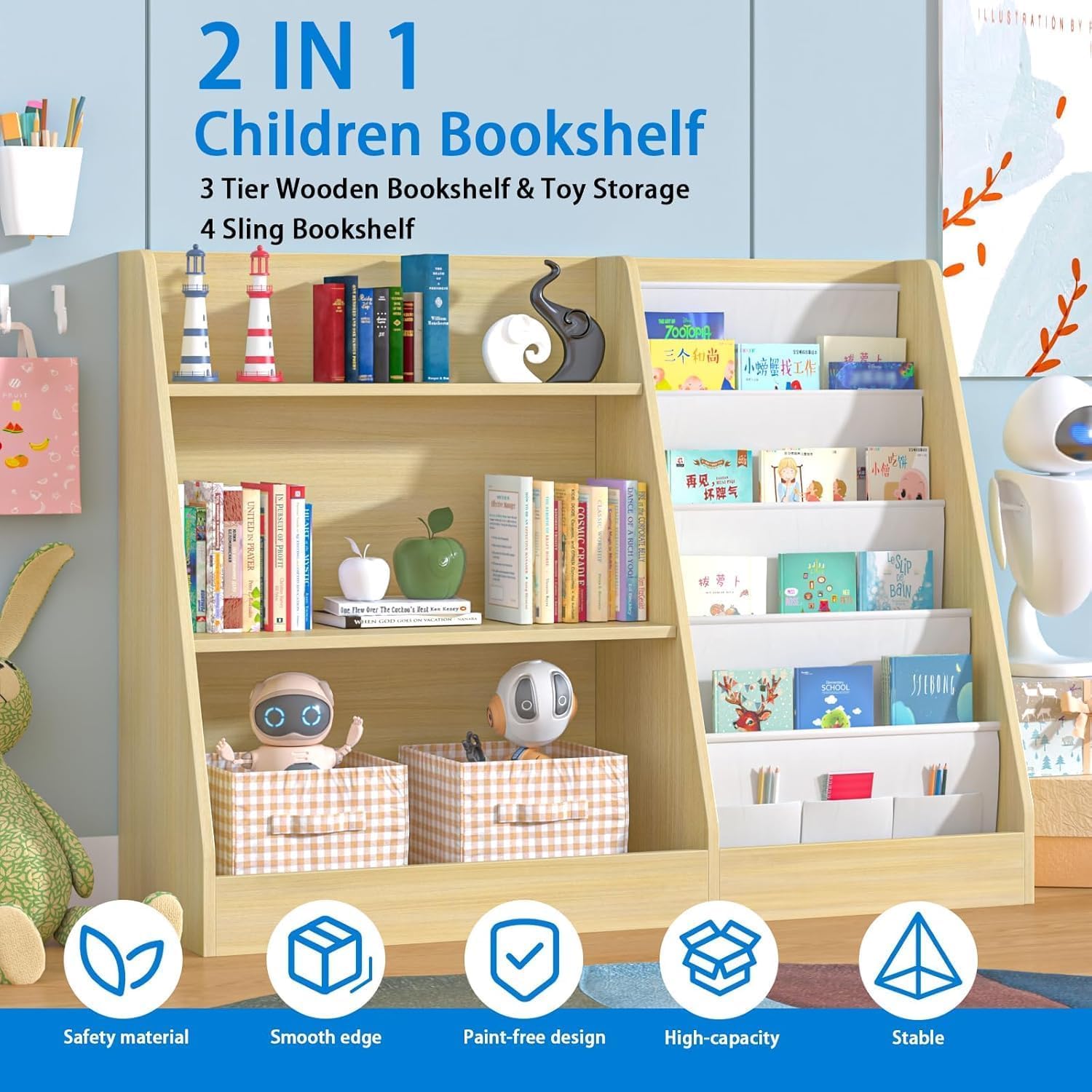 Garden 4 you Kinderregal,Bücherregal Kinder,Kinderregal mit 4 Ablage und 3 offenen Fächern,Bücherregal Kinderzimmer aus Naturholz -80 x 30 x 67.5 cm (Eiche)