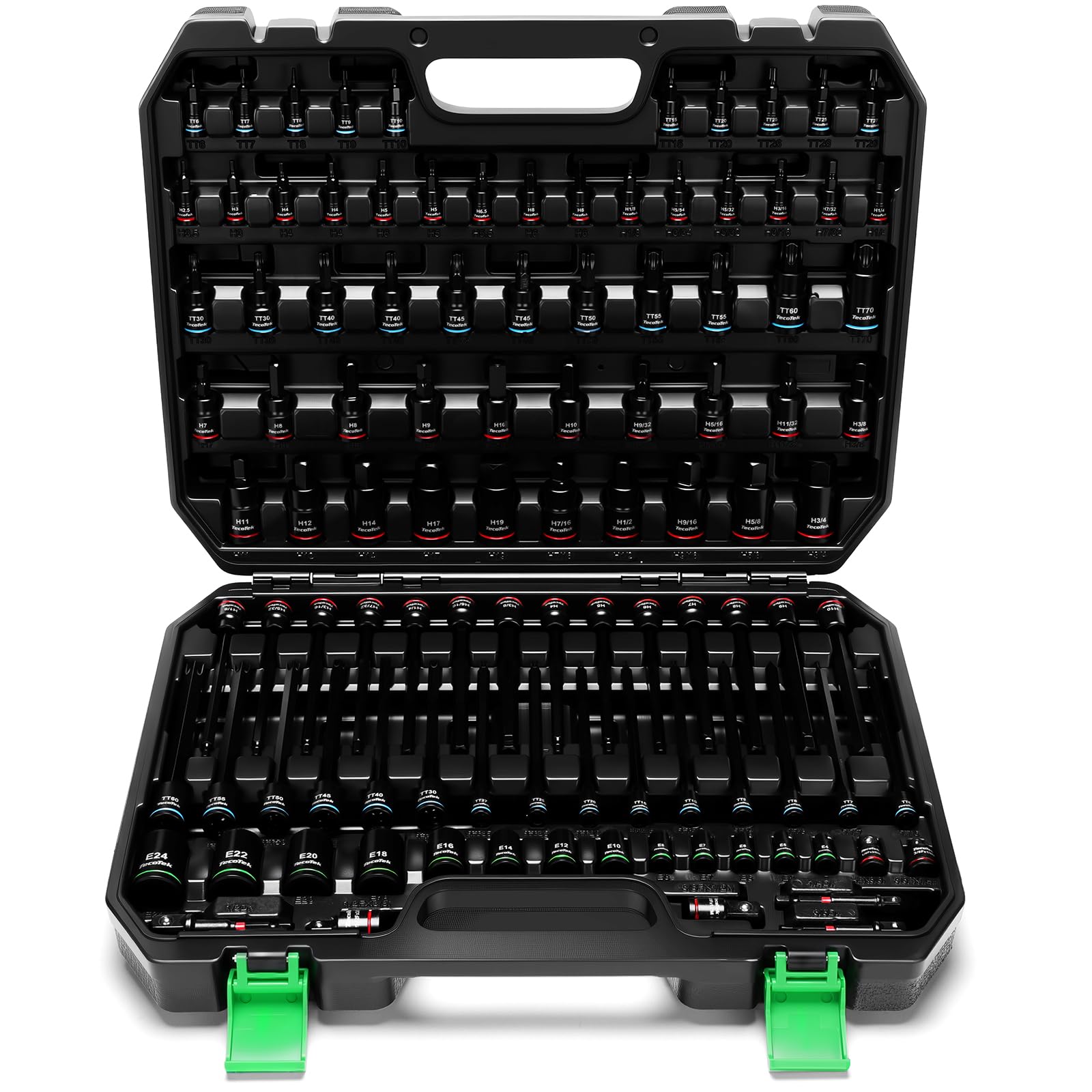 TecoTek 105PCS Master Allen and Torx Bit Socket Set, Hex/Tamper Proof Torx/E-torx Bit Set,1/4", 3/8" and 1/2" Drive, CR-V & S2 Steel, Includes E4 - E24, TT6-TT70, Socket/Drill Adapter