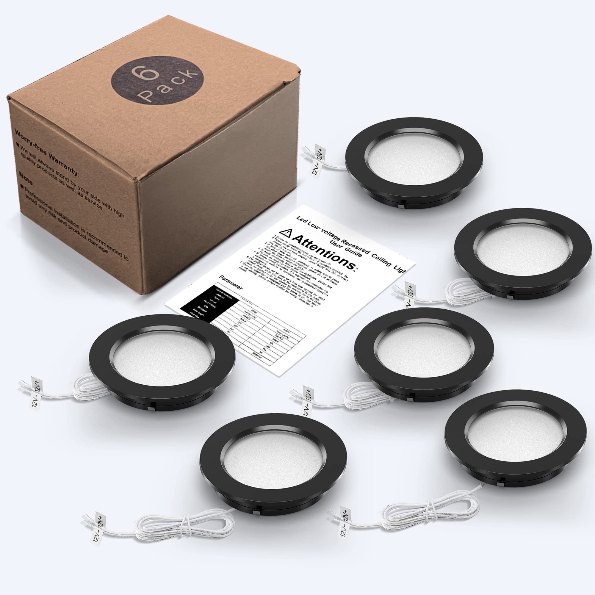 6 Stück LED Einbauleuchte 12V 3W 4000K Dimmbar Deckenleuchte Loch 60-65mm für Wohnmobil Boot Wohnwagen, für Vitrinen&Regale&Küchen Badezimmern&Wandschrank, Voll Aluminium Warmweiß, Schwarz