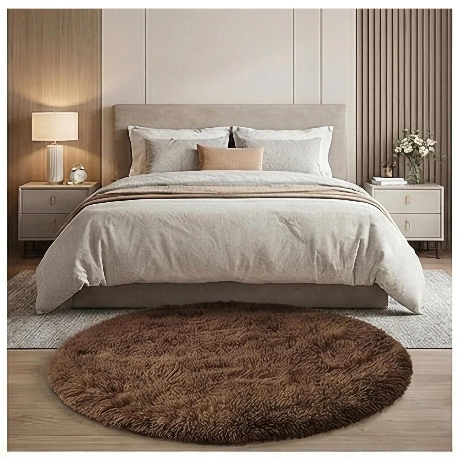 Premium Round Shaggy Carpet with Anti Slip Grip & Luxury Soft, Fluffy Area Rug with Cozy Look for Rooms, Kitchen, Kids Rooms, Beauty for Every Space (Brown, Size-5x5 Feet)-image-3