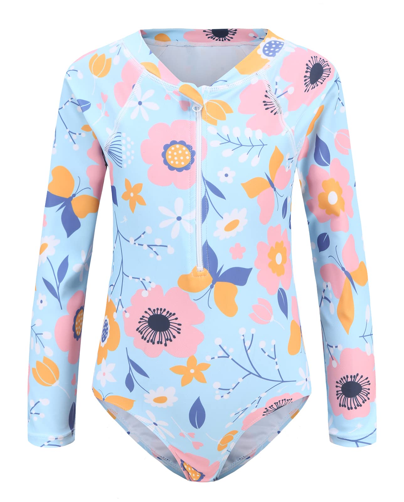 Girls One Piece Swimsuits Long Sleeve Rash Guard for Kids Girls Hawaiian Swim Shirts UPF 50+ Sun Protection