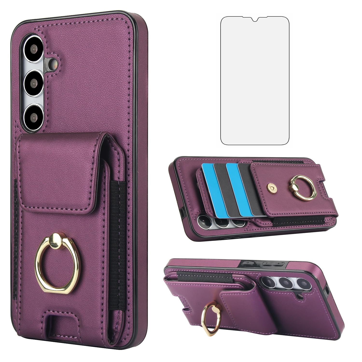 Asuwish Phone Case for Samsung Galaxy S24 Plus S24+ 5G with Tempered Glass Screen Protector Wallet Cover and Slim Ring Stand Card Holder Leather Cell Accessories S24plus 24S + S 24 24+ Women Purple