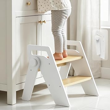 HOMEKOL Toddler Kids 2 Step Stool for Bathroom Sink, White | Wooden Step Stool for Kitchen Potting Training, Foldable with Side Handles, 300 lbs Capacity, Non-Slip A-Frame