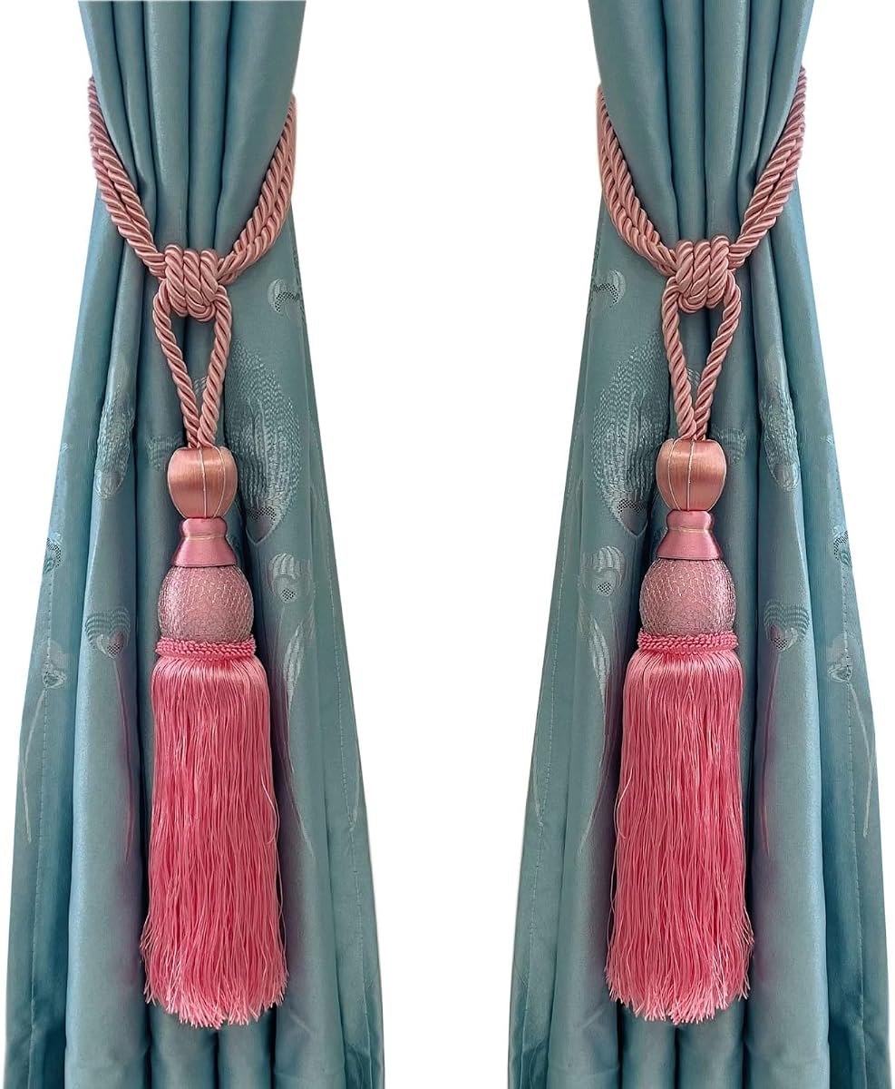Set of 2 Pink Ball Tassel Curtain Tiebacks Braided Window Decor