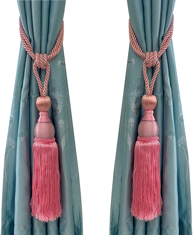 Set of 2 Pink Ball Tassel Curtain Tiebacks Braided Window Decor