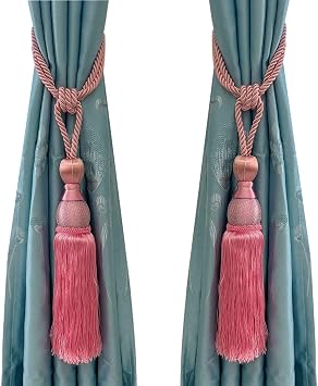 Set of 2 Pink Ball Tassel Curtain Tiebacks Braided Window Decor | Decorative Braided Curtain Holdbacks, Ball Tassel Buckle Fastener Drapery Accessories for Bedroom