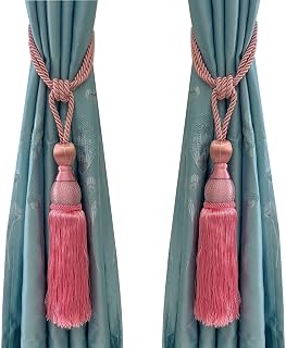Set of 2 Pink Ball Tassel Curtain Tiebacks Braided Window Decor | Decorative Braided Curtain Holdbacks, Ball Tassel Buckle Fastener Drapery Accessories for Bedroom