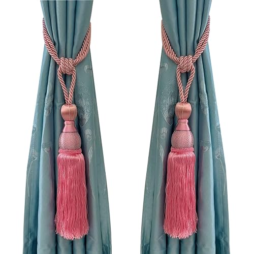 Set of 2 Pink Ball Tassel Curtain Tiebacks Braided Window Decor | Decorative Braided Curtain Holdbacks, Ball Tassel Buckle Fastener Drapery Accessories for Bedroom - Pink - 2PCS
