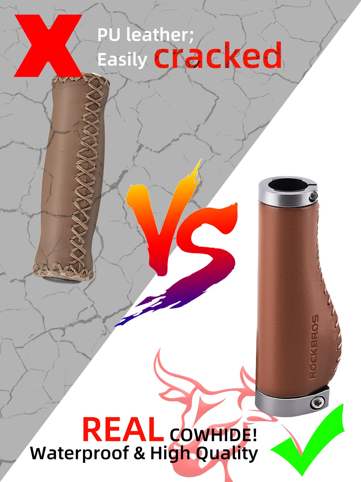 ROCKBROS Manopole per manubrio in pelle, design ergonomico, in alluminio, con doppio blocco, per BMX, Mountain, MTB, Beach Cruiser, scooter, bici pieghevole