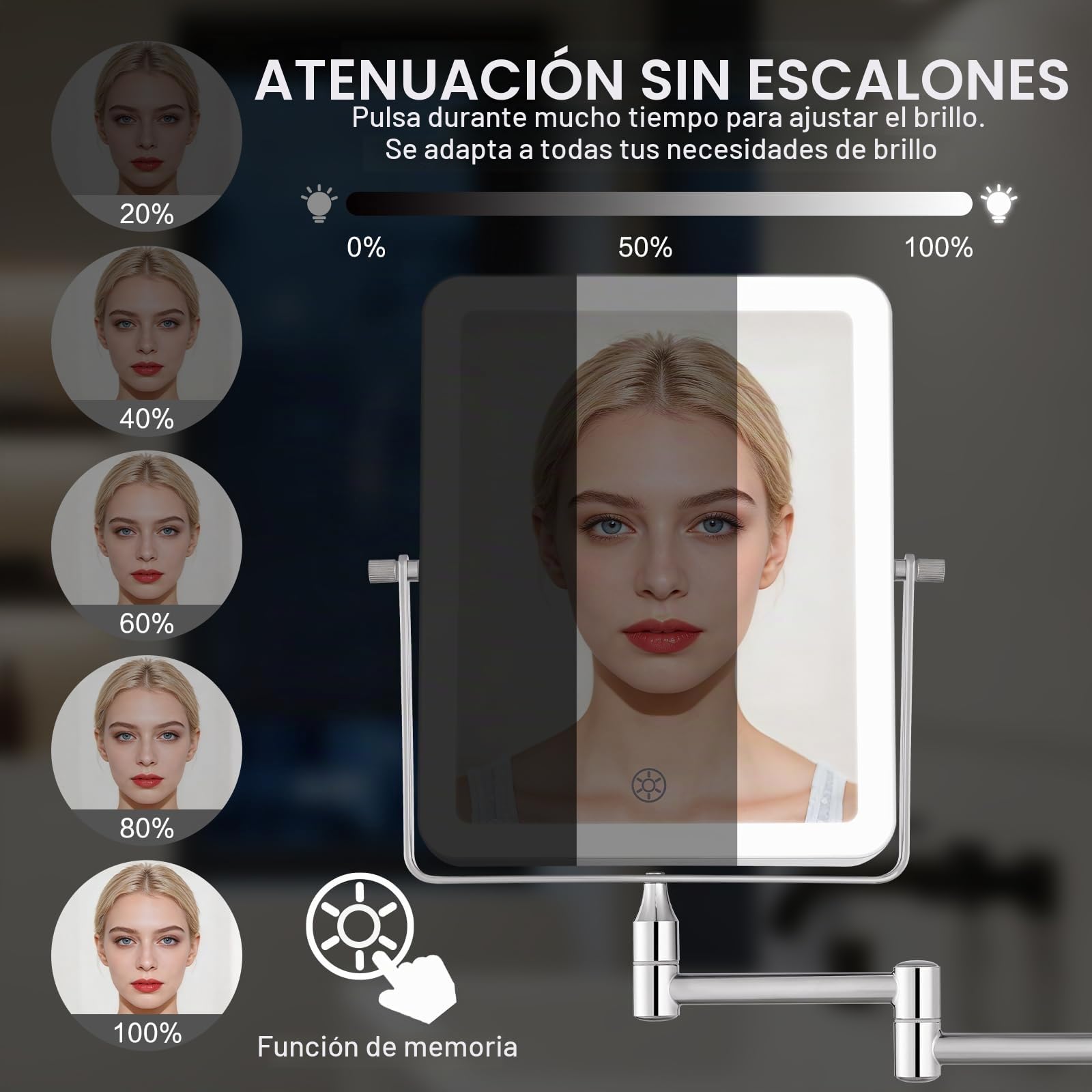 Espejo de Maquillaje con Luz LED Recargable, Espejo de Baño con 3 Colores de Iluminación, Aumento 7X y Brazo Extensible, Giratorio 360°, Espejo de Pared con Atenuación Progresiva y Gancho Integrado
