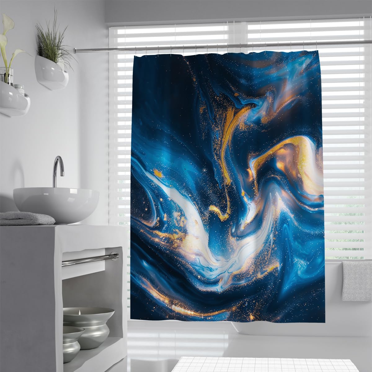 UIRINGART Galaxy Shower Curtain W150xL200cm Abstract Dark Navy Blue Marble Gold Foil Texture Fluid Swirls Mildew Mould Resistant Polyester Fabric Bath Curtains