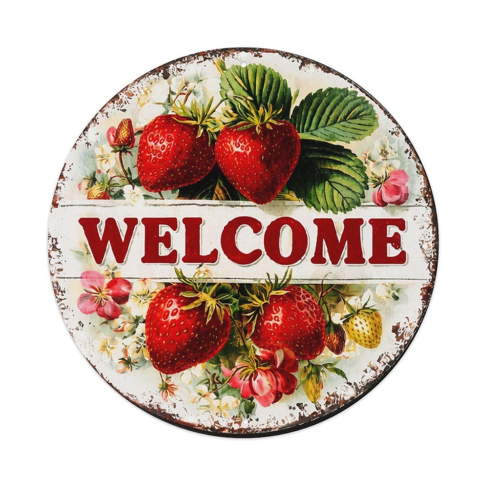 Vintage Strawberry Floral Welcome Sign Tin Sign Metal Poster Vintage Metal Signs for Home Man Cave Bar Cafe Kitchen laundry room Wall Decorations 8x8 inches