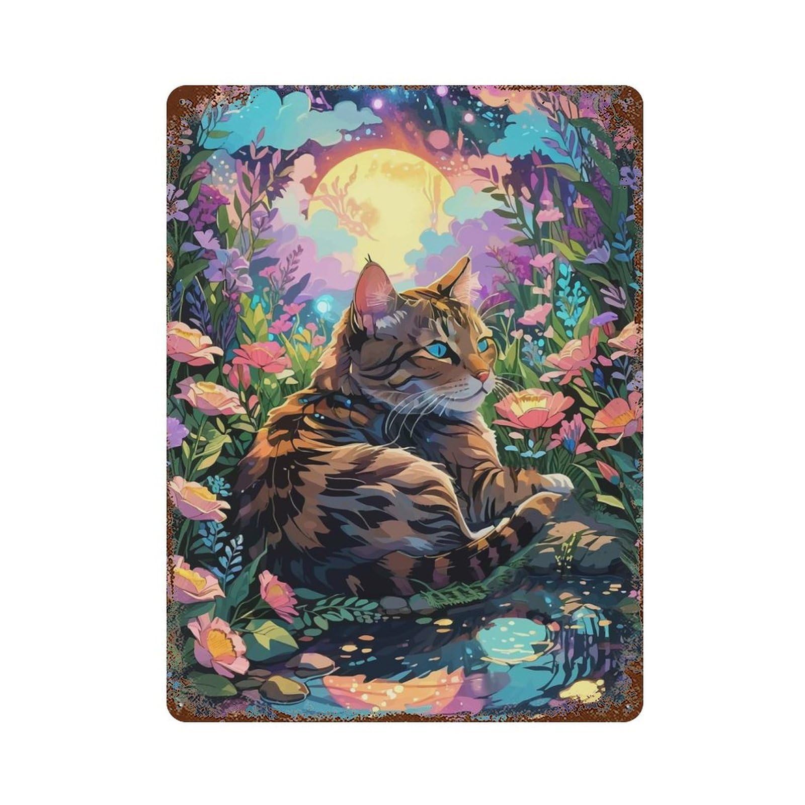 Cat in A Moonlit Garden Vintage Wall Sign 15.7"x11.8", Rust Effect Metal Decor for Bistro, Counter And Cafe Decor