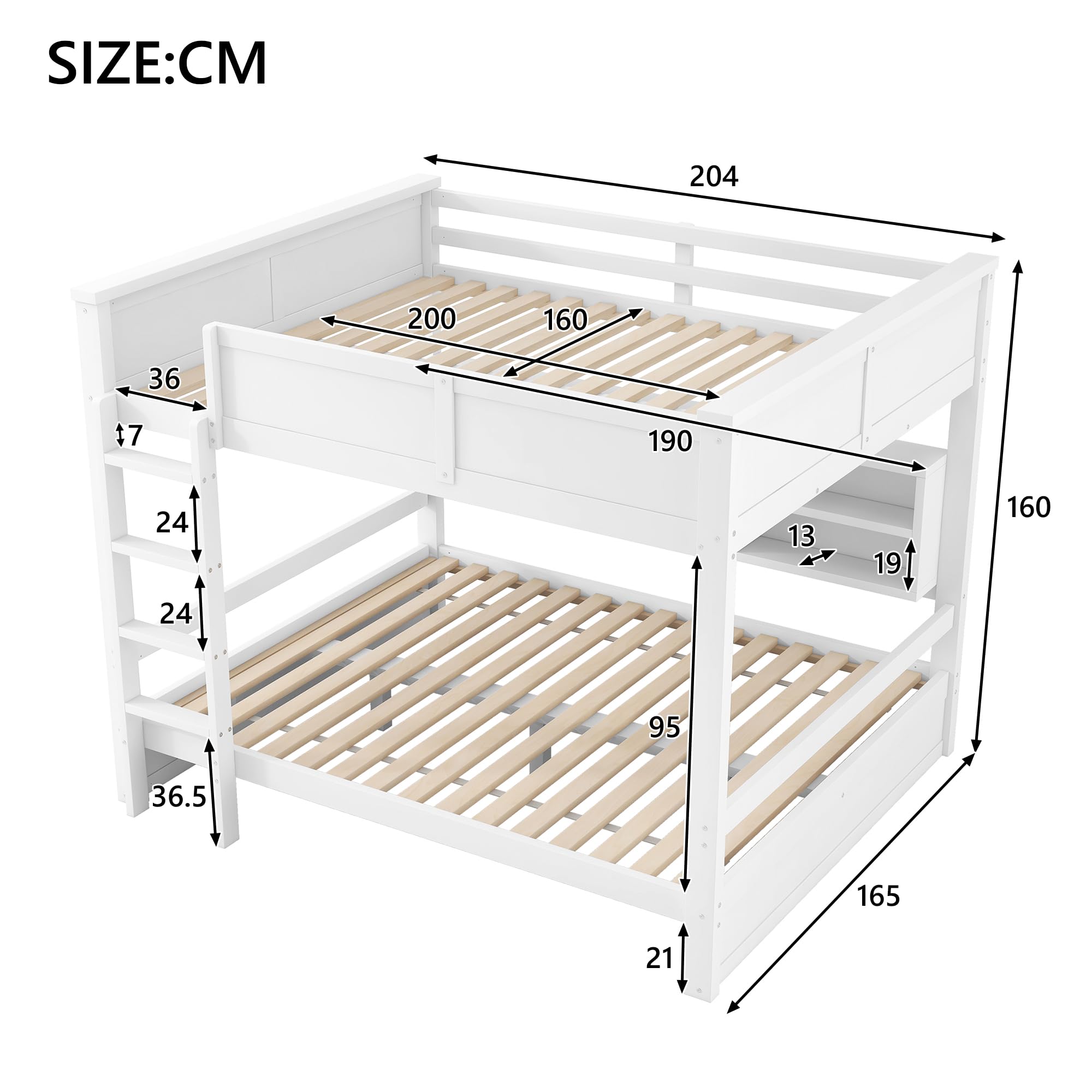 Letto a Castello 160x200 con Scaffali Portaoggetti e illuminazione a LED, Letto Matrimoniale con Rete a Doghe in legno, Protezione anticaduta, Strutture per letti per Bambini e Ragazzi(Senza Materasso