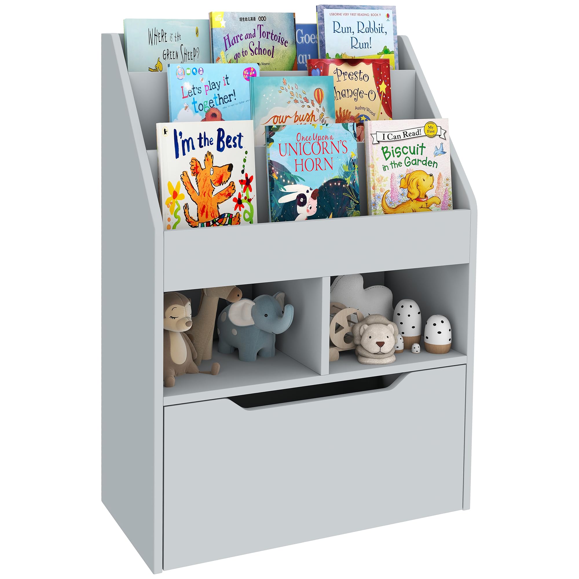 HOMCOM Kids Bookcase Multi-Shelf Rack Organizer with Storage Drawer for Books, Playroom, Gray