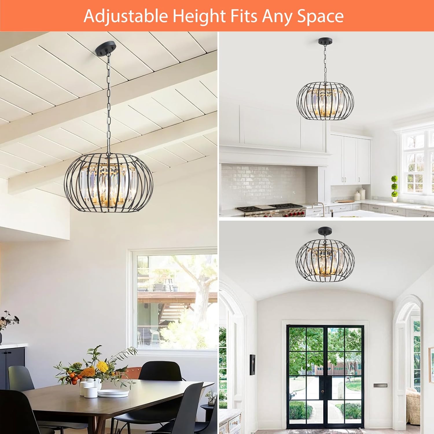 17.7" Modern Crystal Chandelier Black and Gold Drum Pendant Lighting Fixture Round Rustic Metal Shade 4-Light for Dining Room Living Room Bedroom Hallway