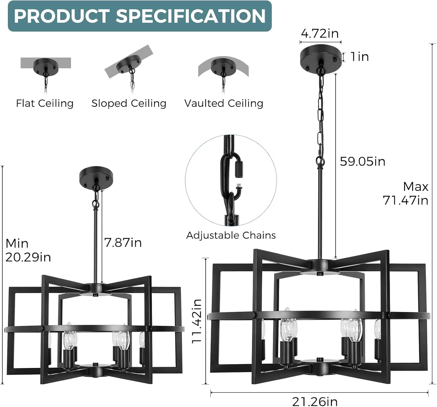 Modern Black Chandelier Ceiling Light for Dining Room, 6-Light Farmhouse Pendant Light Fixture for Over Table, Kitchen Island Lighting, Living Room, Bedroom, Entryway Foyer, Hallway & Staircase