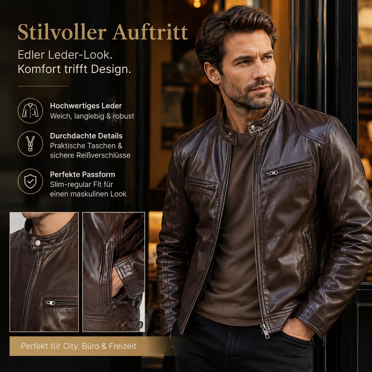 Lederjacke Herren Kunstleder Bikerjacke mit Stehkragen Vintage Leder Jacken Freizeit Leichte Übergangsjacke Männer Slim Fit Motorrad Jacke Reißverschluss – Zeitlos Elegant & Robust