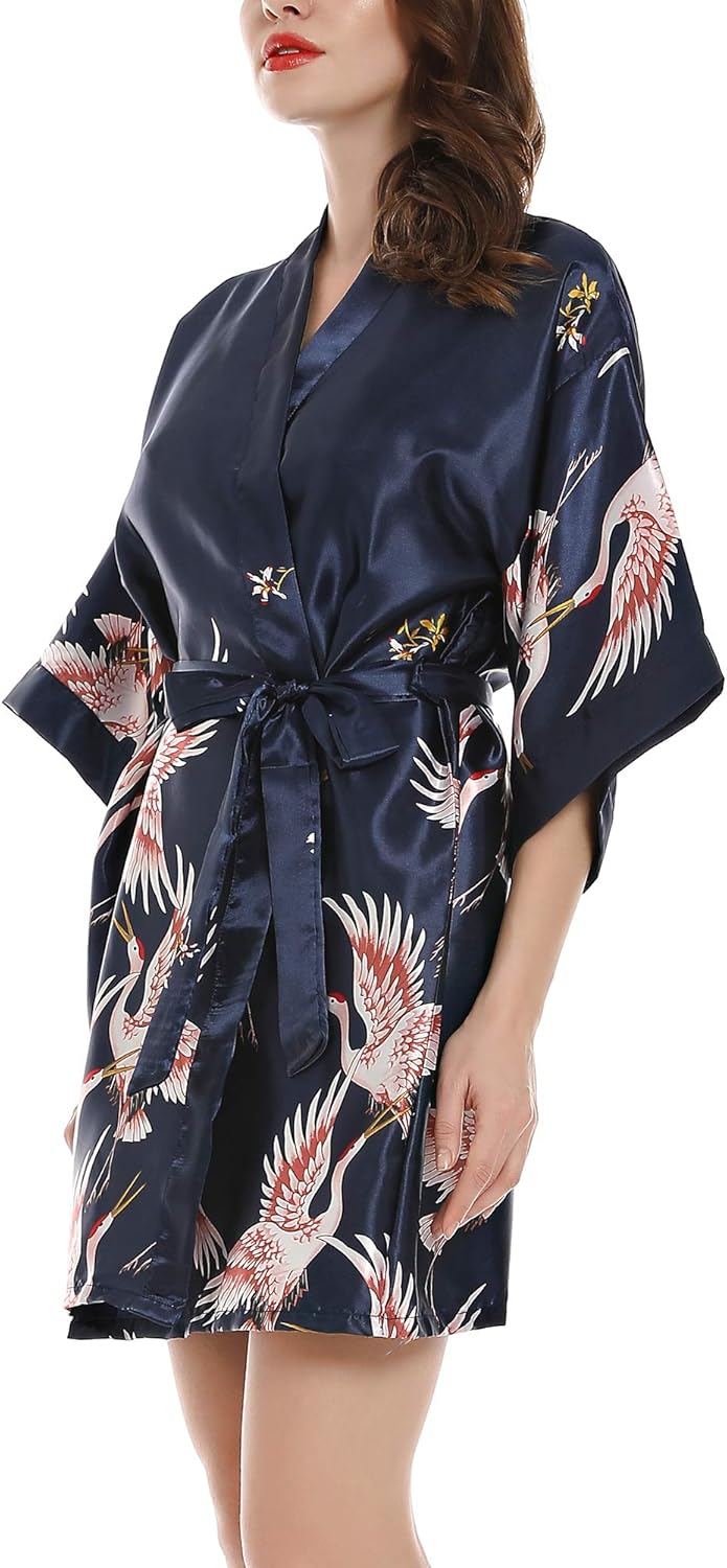 Women Kimono Robes Satin Dressing Gown Crane and Blossoms Sleep Lounge Nightwear Short Silk Bride Bridesmaid Robe - Image 3