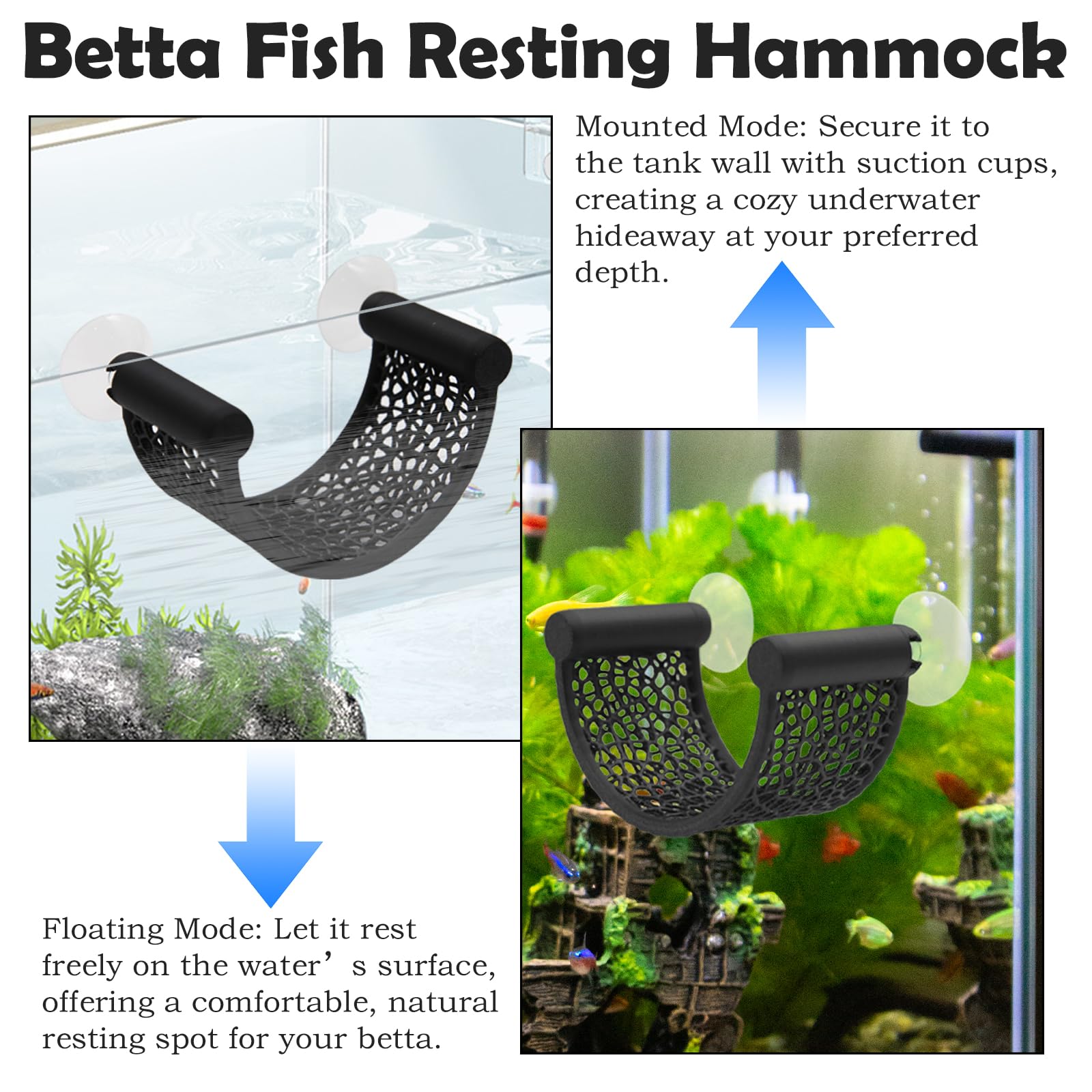 1 Pezzi Amaca per Pesci Betta, Posto di Riposo Galleggiante a Forma di U con Ventosa, Decorazione per Acquari di Piccole Dimensioni, Accessori da Tavolo per Betta e Gamberetti (Nero)