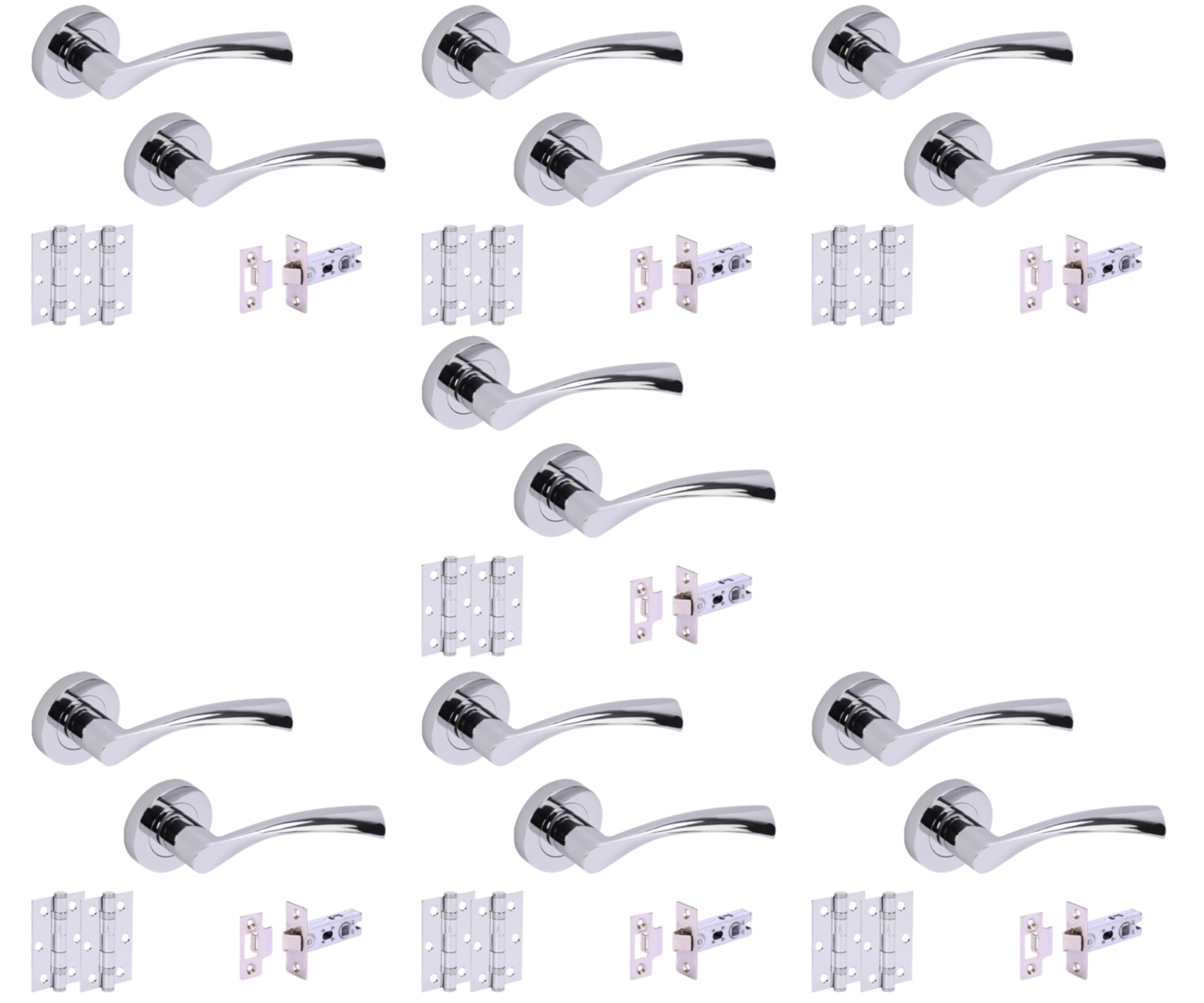 Hunta Polished Chrome Handlezone® 7 Sets Lobo Internal Door Handles On Rose Lever Latch Packs With 75Mm Ball Bearing Hinges And 65Mm Latches