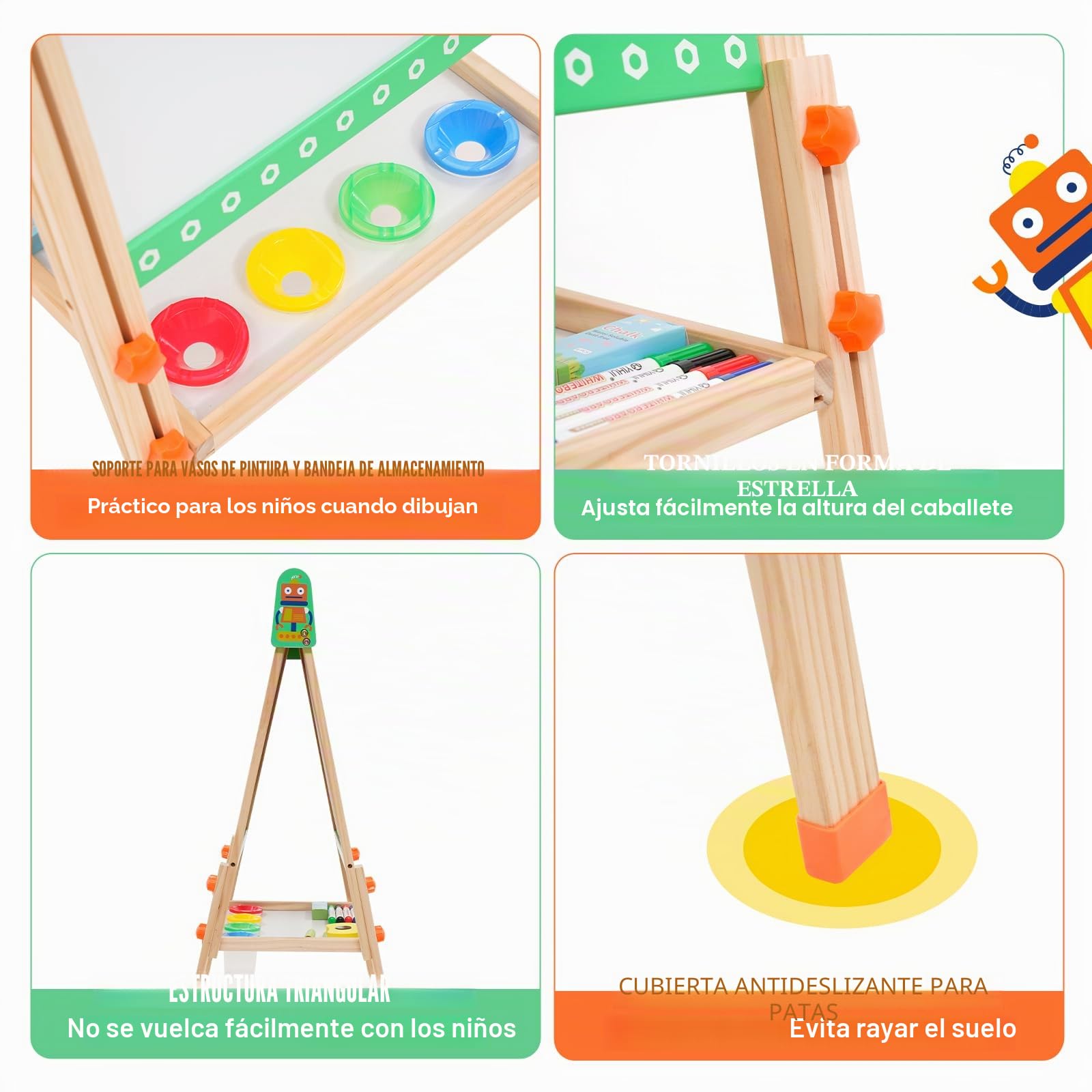 Pizarra infantil de madera con rollo de papel Pizarra blanca y negra de doble cara Plegable Caballete infantil regulable en altura con dibujo de robot, números y otros accesorios para niños