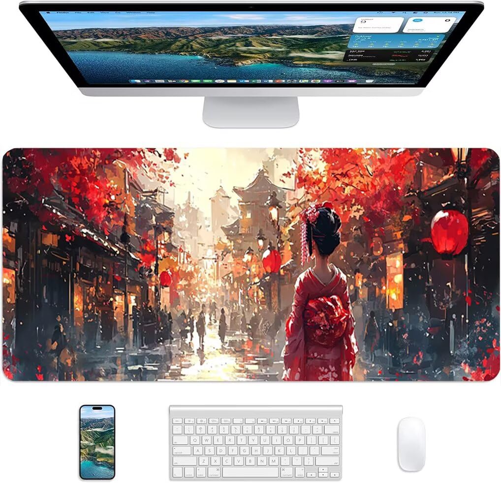 Wxuaixnn Stile Giapponese Tappetino Mouse Gaming XXL 160x80cm Impermeabile Tappeto Mouse con Base in Gomma Antiscivolo, Non-Slip Rubber Base, Rosso Mousepad XXL per Gamer e Ufficio -10076