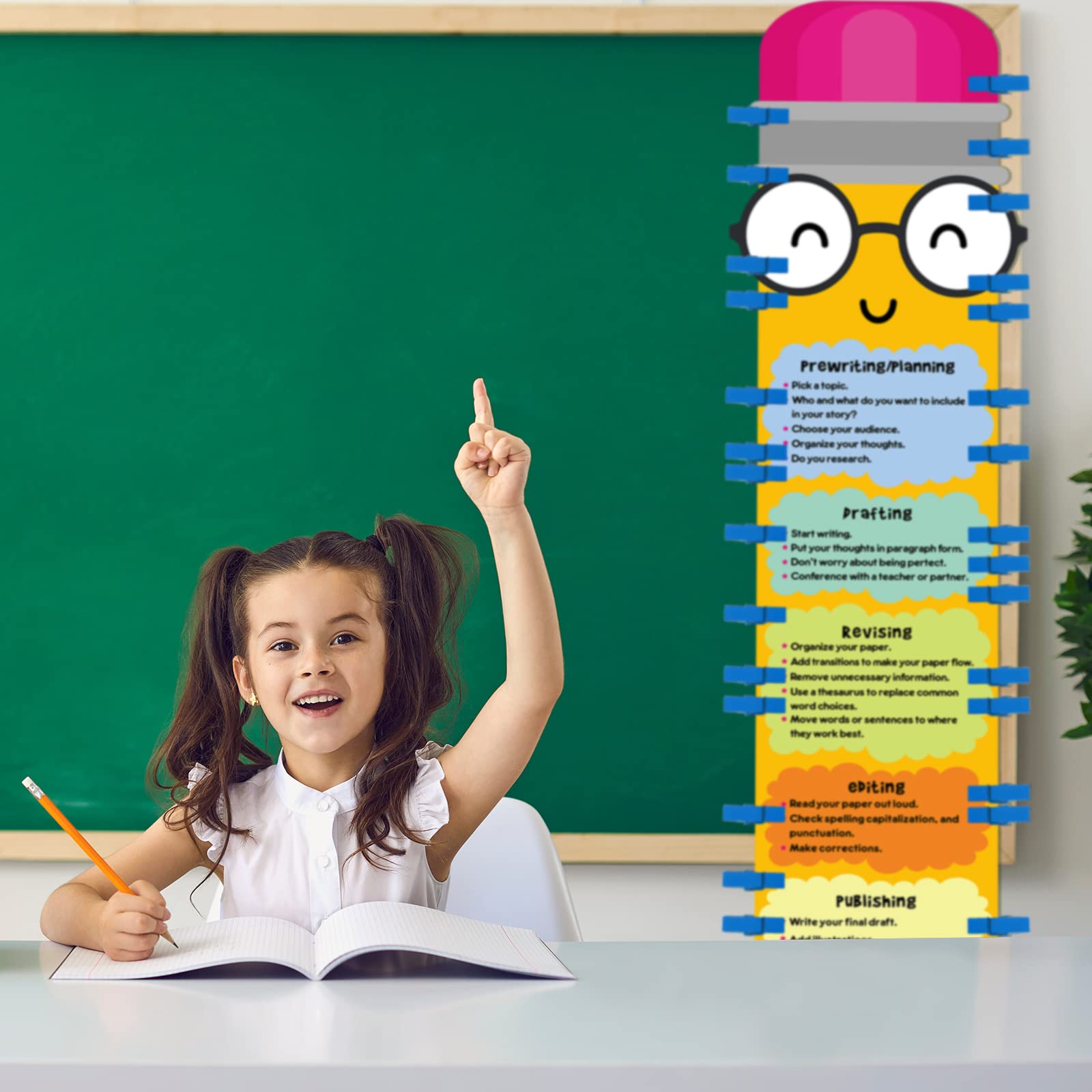 Tinlade 31-teiliges Schreibprozessdiagramm-Set, 158x44 cm, Schreibprozess-Poster mit 30 hölzernen Wäscheklammern, Lernposter, pädagogische Klassenzimmer, Mittelschule, Dekorationen