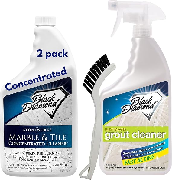 Black Diamond Stoneworks Ultimate Grout Cleaner with Brush + Marble & Tile Cleaner (2-Pack) Safe for Natural Stone, Acid Free Deep Cleans Grout, Restores Shine to Marble, Granite, Travertine & Tile