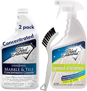 Black Diamond Stoneworks Ultimate Grout Cleaner with Brush + Marble & Tile Cleaner (2-Pack) Safe for Natural Stone, Acid Free Deep Cleans Grout, Restores Shine to Marble, Granite, Travertine & Tile