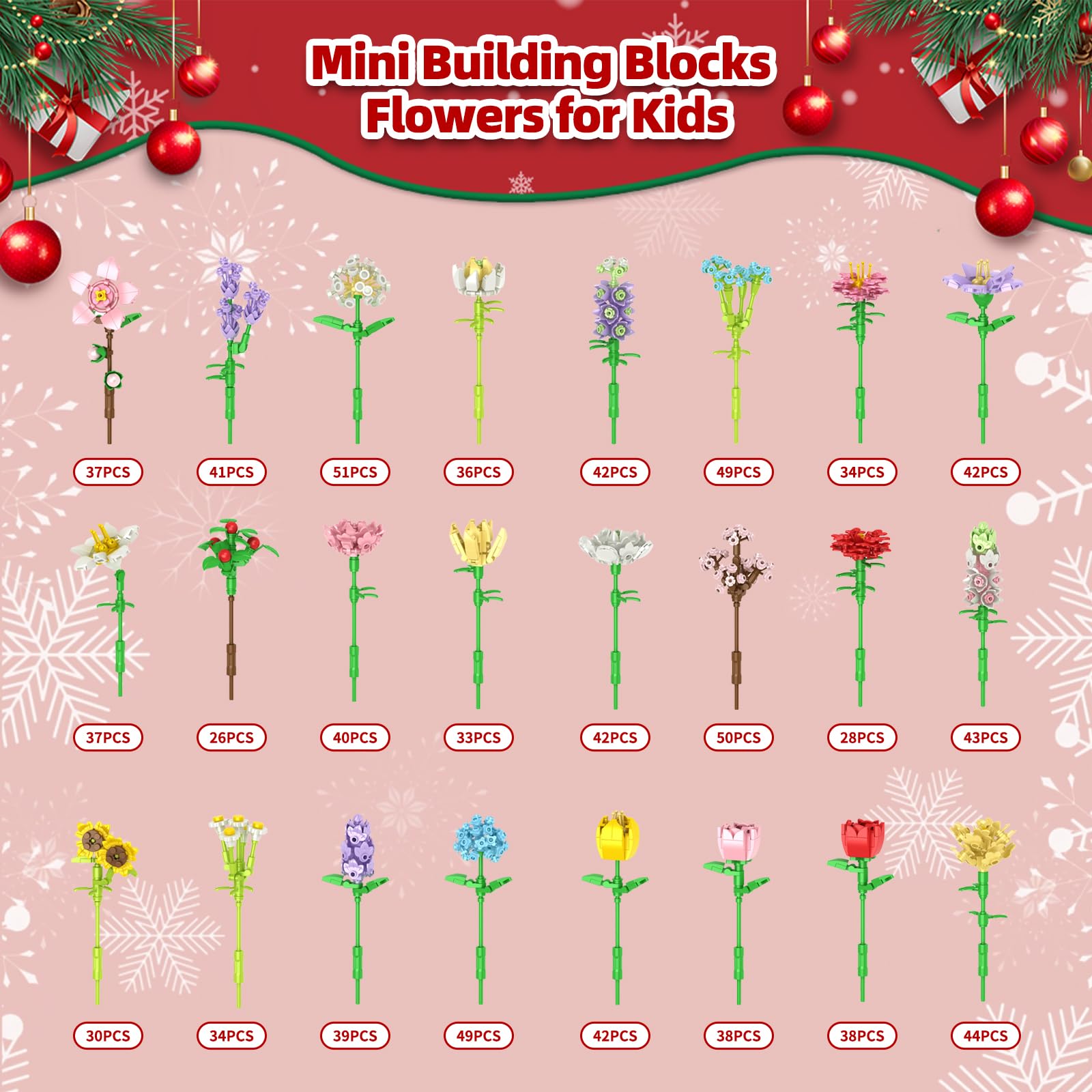 Calendario de Adviento 2025 de flores con bloques para niños, Calendario de Adviento de 24 días, Calendario de Navidad con 24 piezas de coloridos ramos de flores hechos con bloques, Juguete de flores