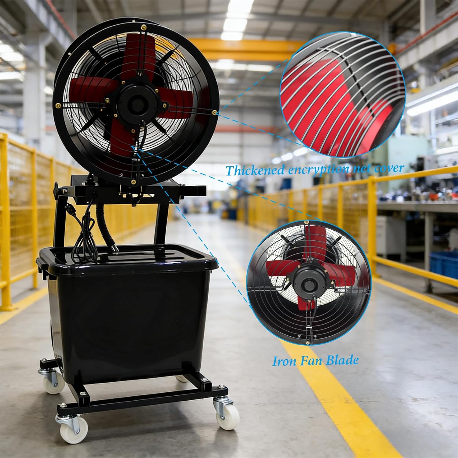 300W Industrial Misting Fan 8m Range High Velocity Water Spray Cooler Adjustable Fog Steel Blades 26ft for Warehouse Factory Barn Livestock Cooling with Wheels