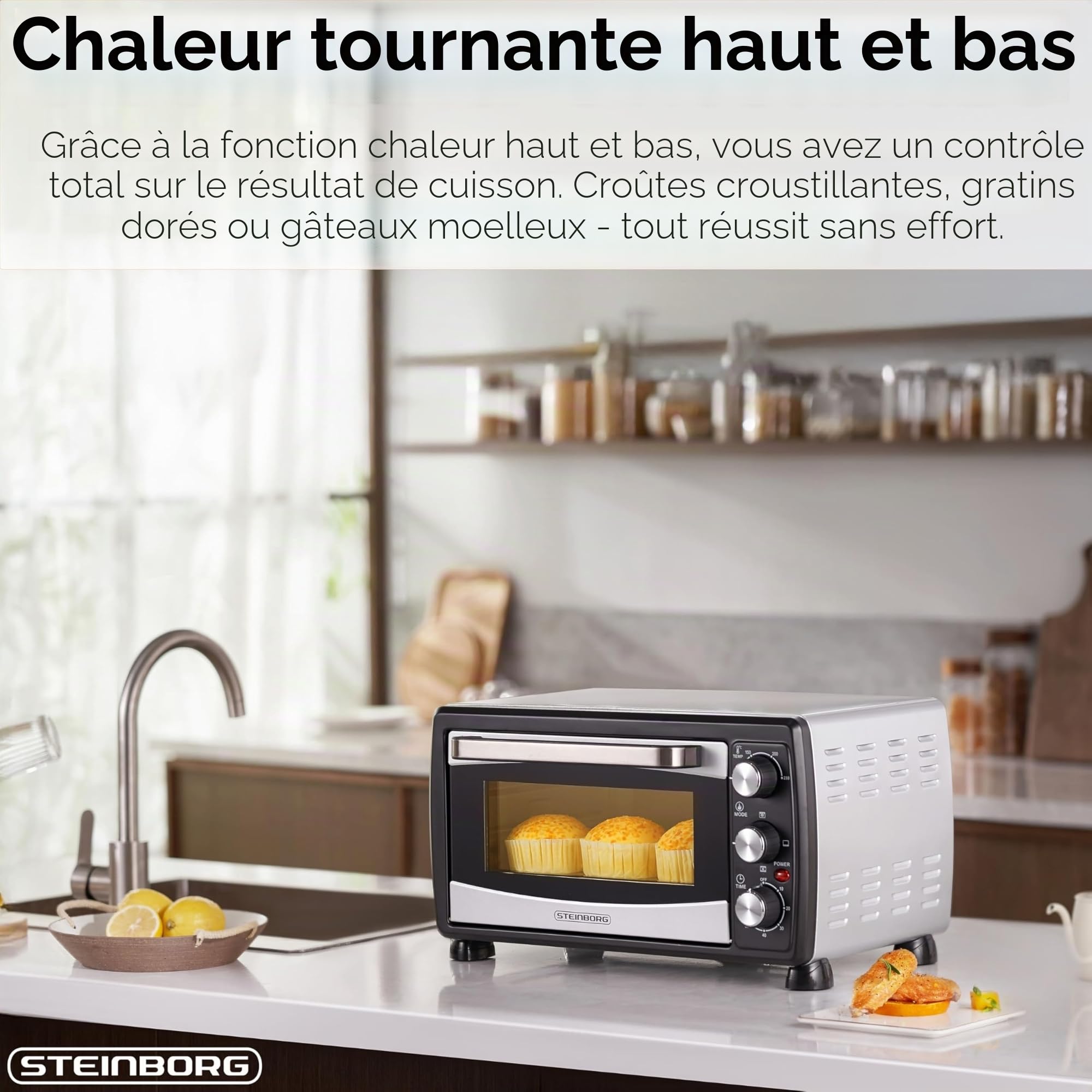Steinborg Mini four à chaleur tournante, 20 l, plaque ramasse-miettes, fonction chaleur de voûte et de sole, 1400 W, mini four avec minuterie, petit four pour camping ou maison, autoportant