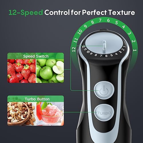 Miniatura 6 de FRESKO Batidora de inmersión de mano, mezclador eléctrico de mano de acero inoxidable 4 en 1 con 12 velocidades y modo turbo, potente licuadora de