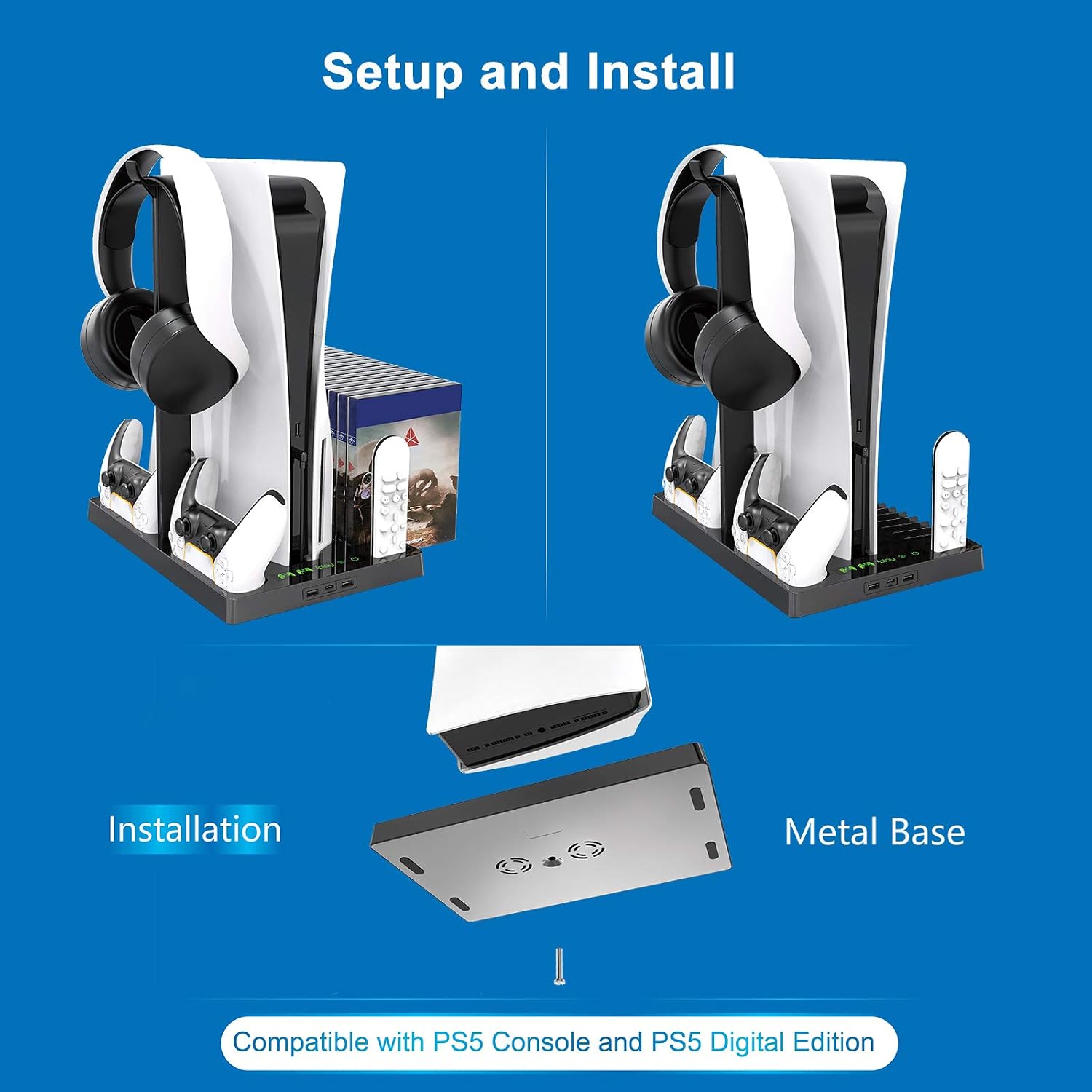 Vertical Stand with Headset Holder and Cooling Fan Base for PS5 Console & Playstation 5 Accessories, 1 Headphone Stand, 2 Controller Chargers, 15 Game Disc Slots and 1 Media Remote Organizer