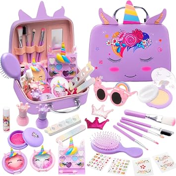 Washable & Non-Toxic Kids Makeup Kit for Girls - Real Cosmetic Toy Set with Mirror, Lip Gloss & Nail Polish for Ages 4-8 - Birthday Gift for 5 6 7 Year Old