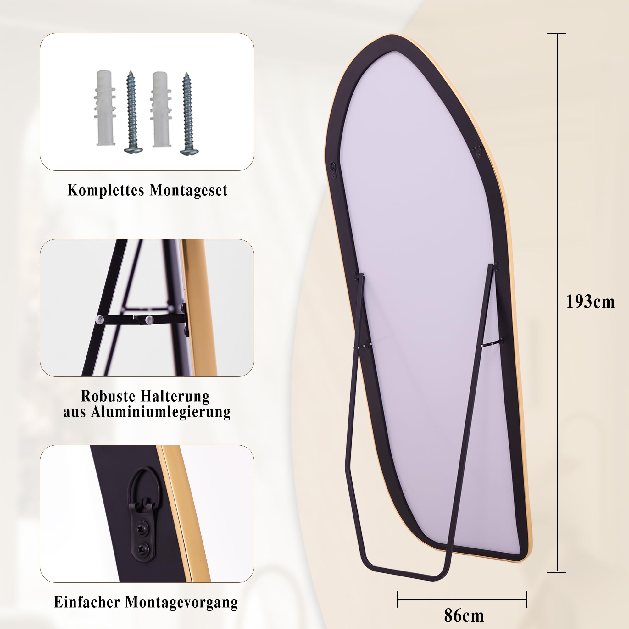Koonmi Ganzkörperspiegel - 193x86 cm Bodenspiegel unregelmäßige Diamantform Aluminiumrahmen, stehender oder hängender Spiegel für Schlafzimmer, Wohnzimmer, Eingang, Gold